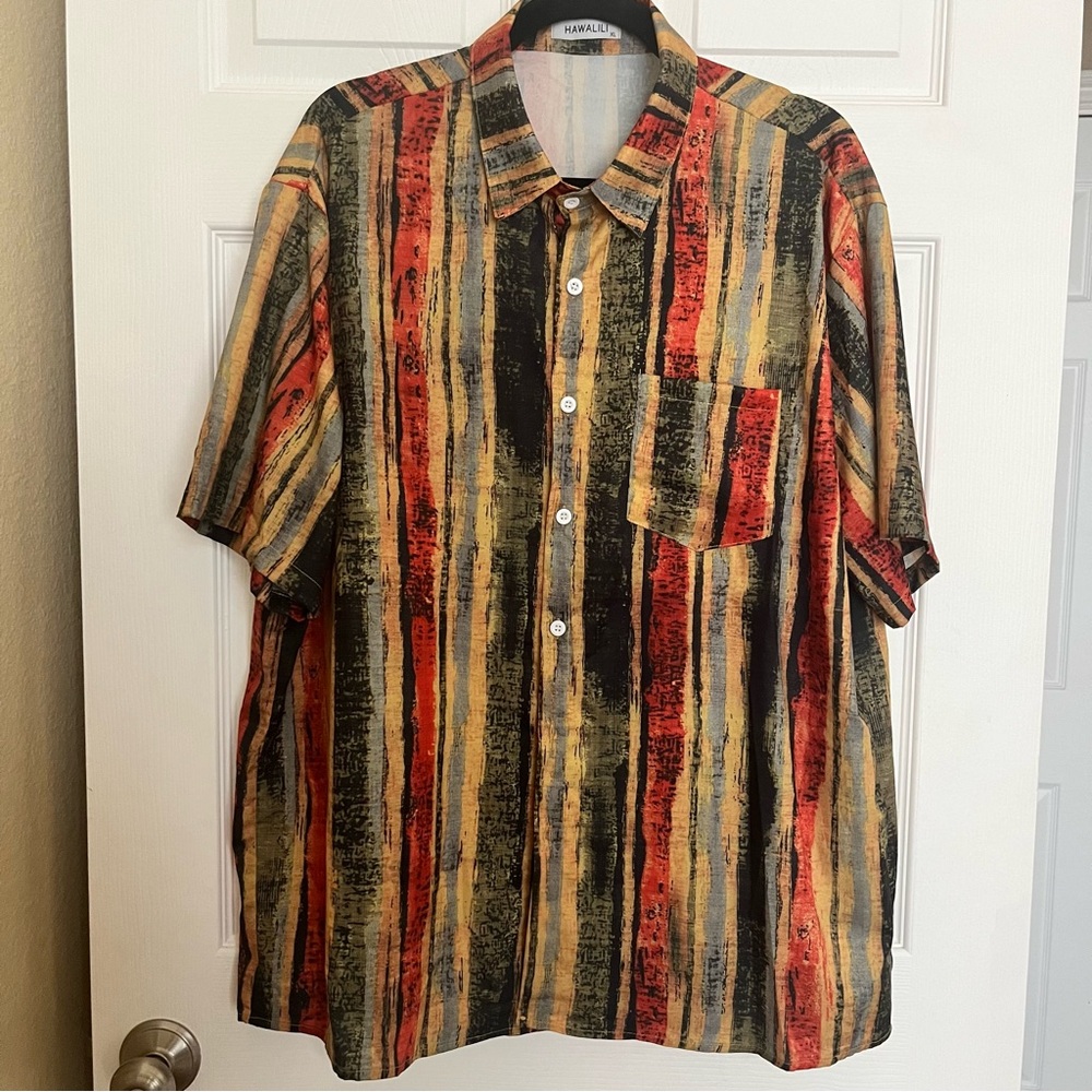 XL Men's HAWALILI Blue+Green Striped Poly Tribal Hawaiian Shirt NEW without Tags